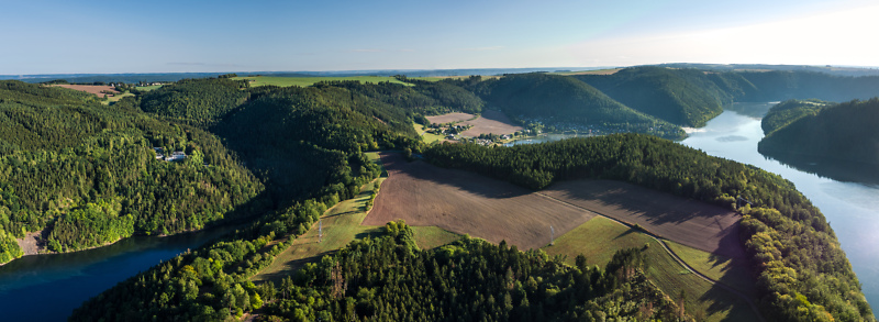 Die Saale windet sich vorbei an bewaldeten Steilhängen am Hohenwarte Stausee.