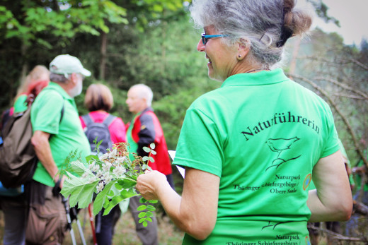 Eine Gruppe von Personen am Waldrand. Die Frau im Vordergrund ist von hinten zu sehen. Auf ihrem grünen Shirt steht Naturführerin.